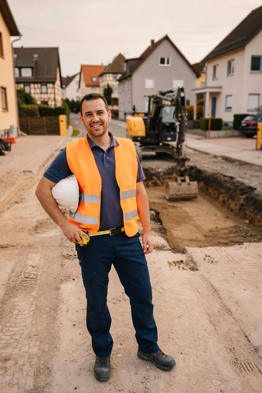 Bauleiter eines Tiefbauunternehmens auf der Baustelle in Ulm