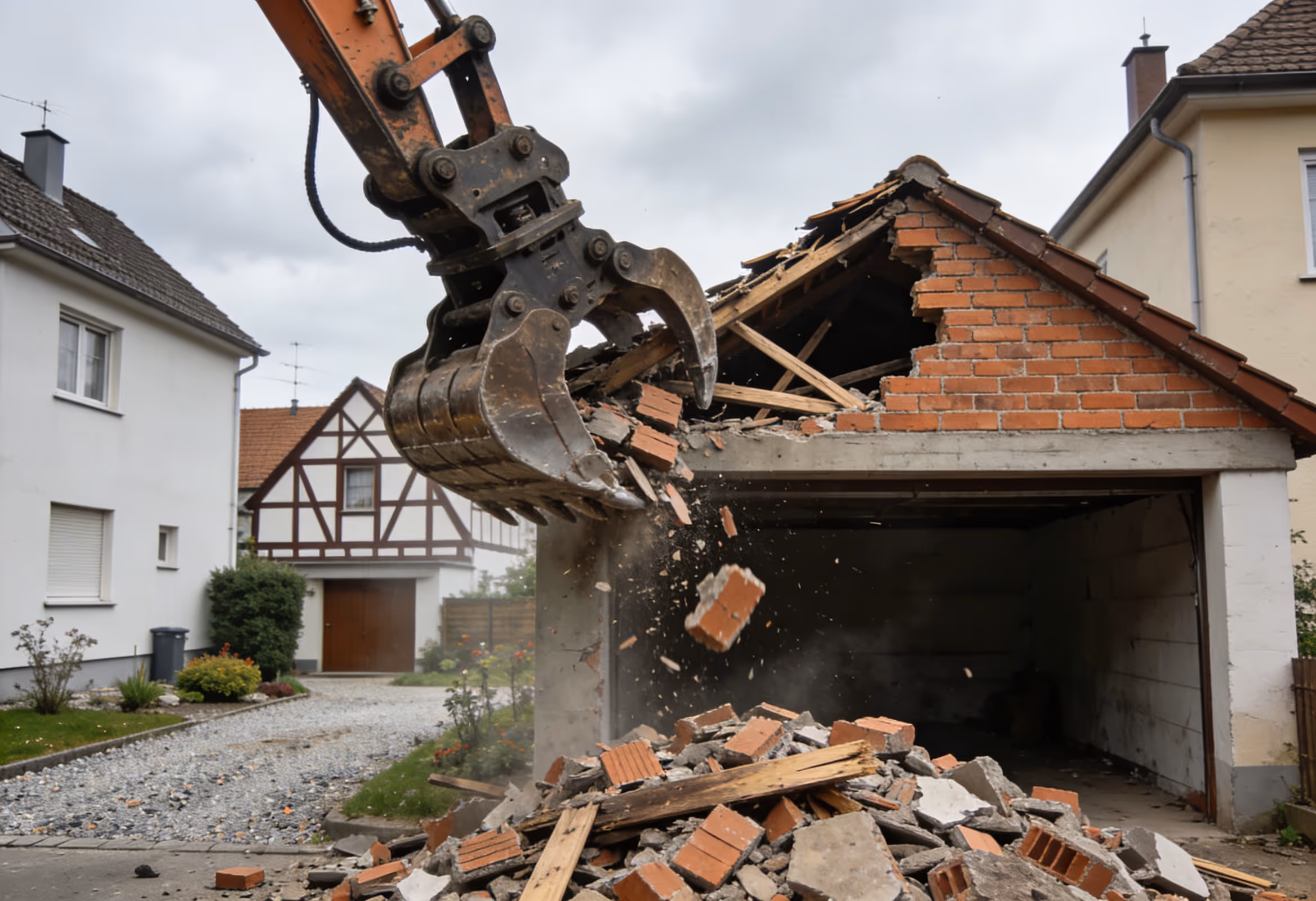 Abbruchbagger beim Rückbau einer Altgarage in Ulm