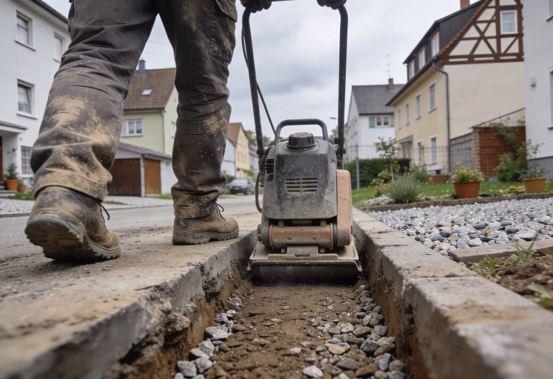 Verdichtungsarbeiten im Leitungsgraben, Erdarbeiten Ulm