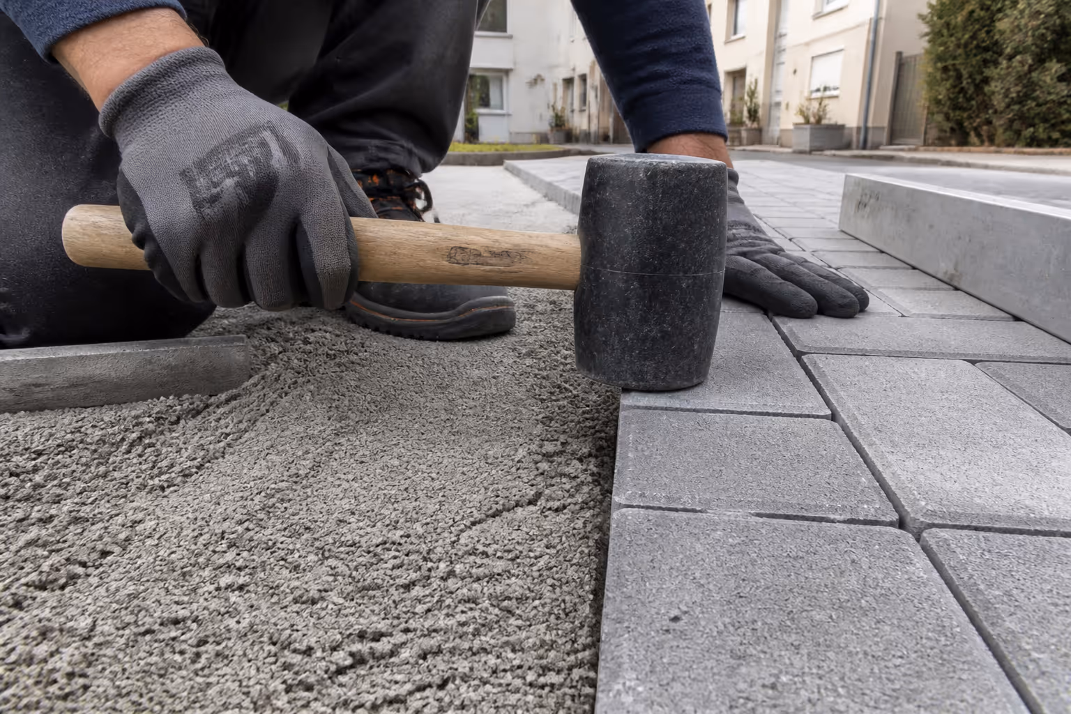Verlegung von Betonpflaster auf einer Einfahrt in Ulm