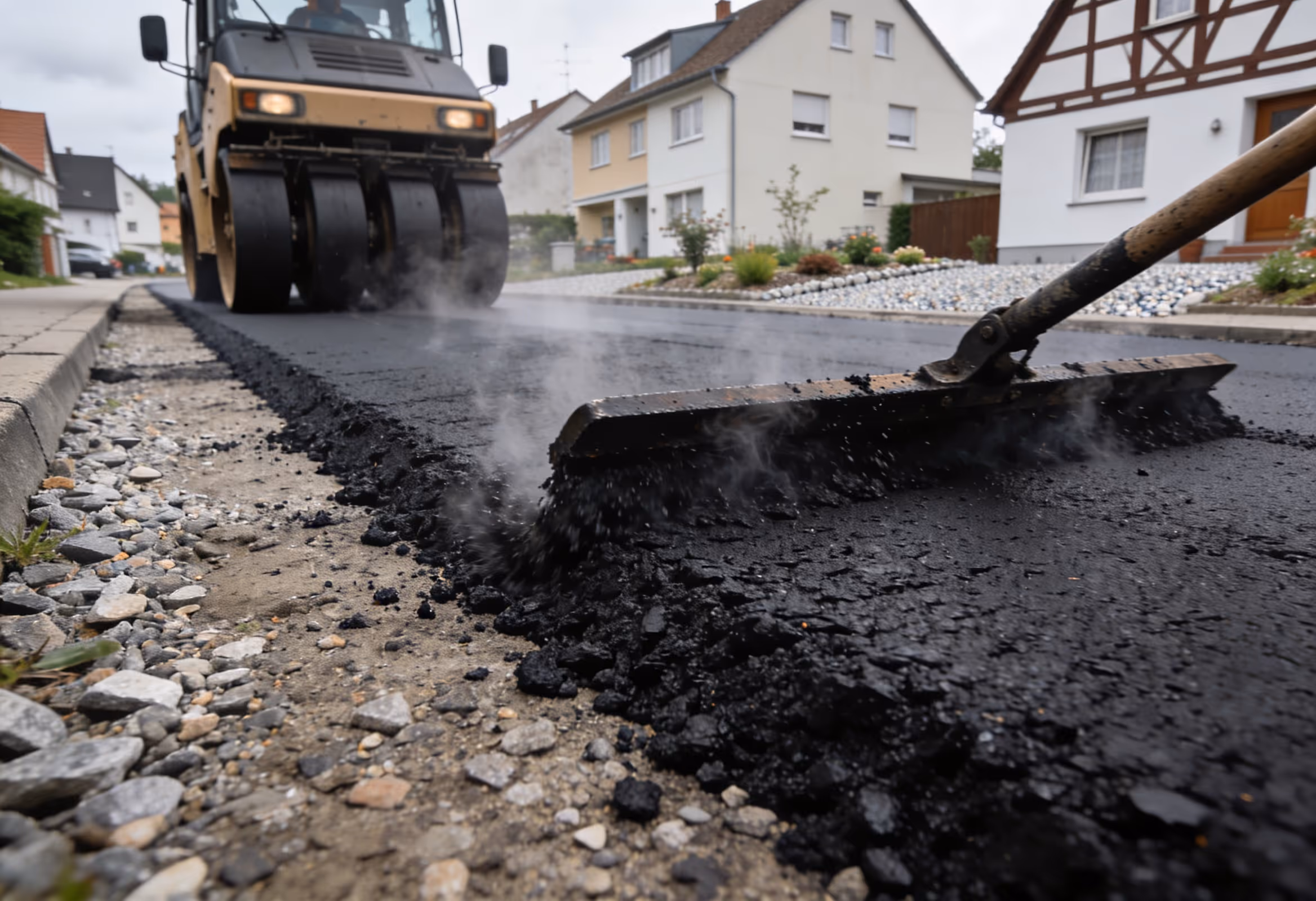 Asphalteinbau auf einer privaten Erschließungsstraße in Ulm