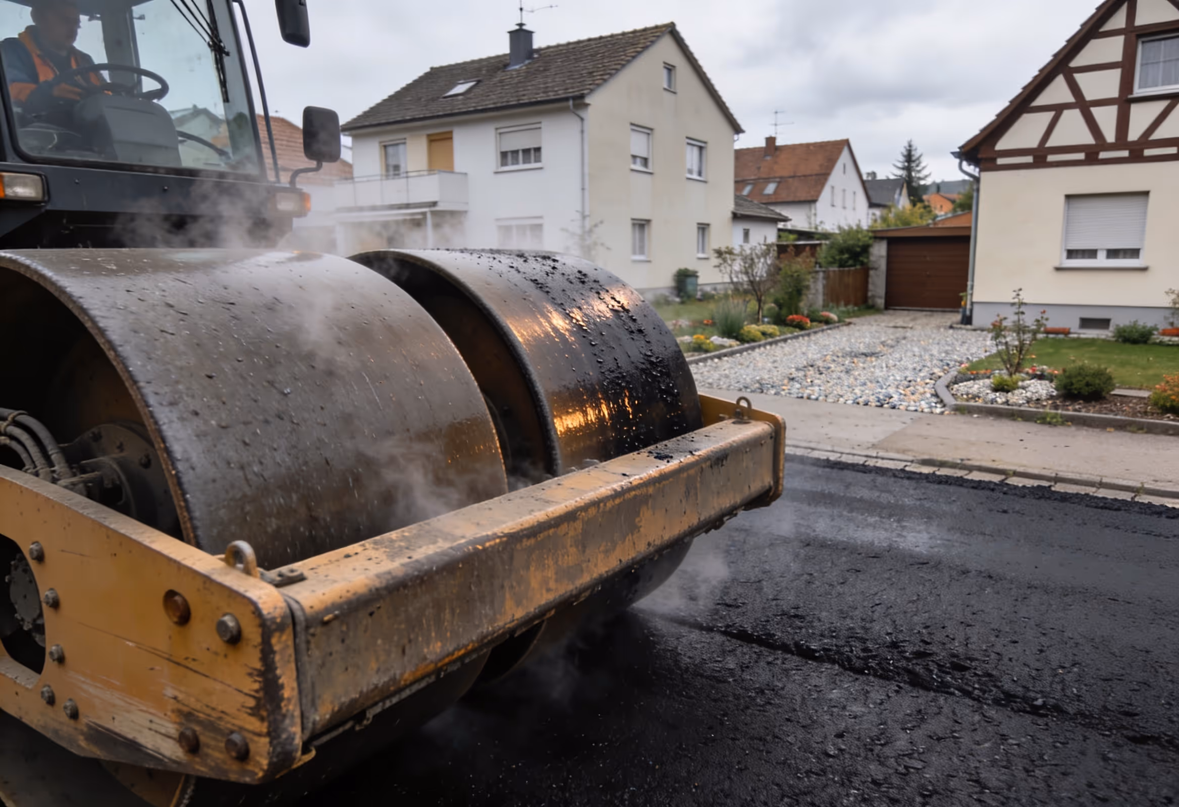 Walzenverdichtung der Asphaltdeckschicht, Straßenbau Ulm