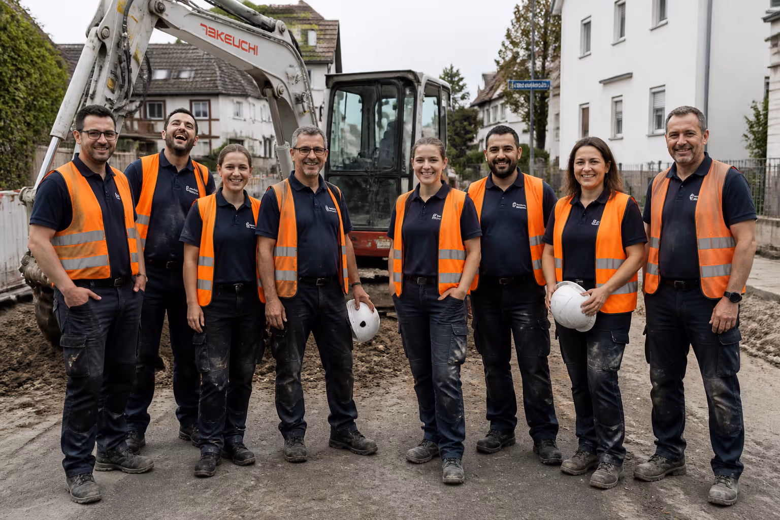 Team eines Tiefbauunternehmens vor der Baustelle in Ulm