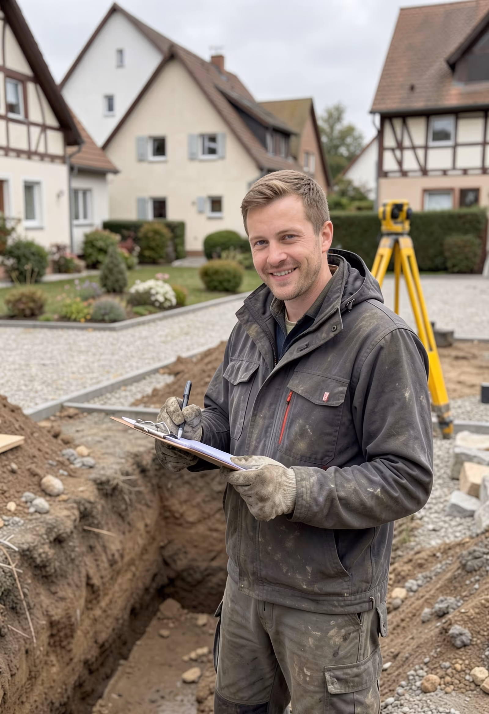 Tiefbau-Facharbeiter beim Setzen einer Stützmauer in Ulm